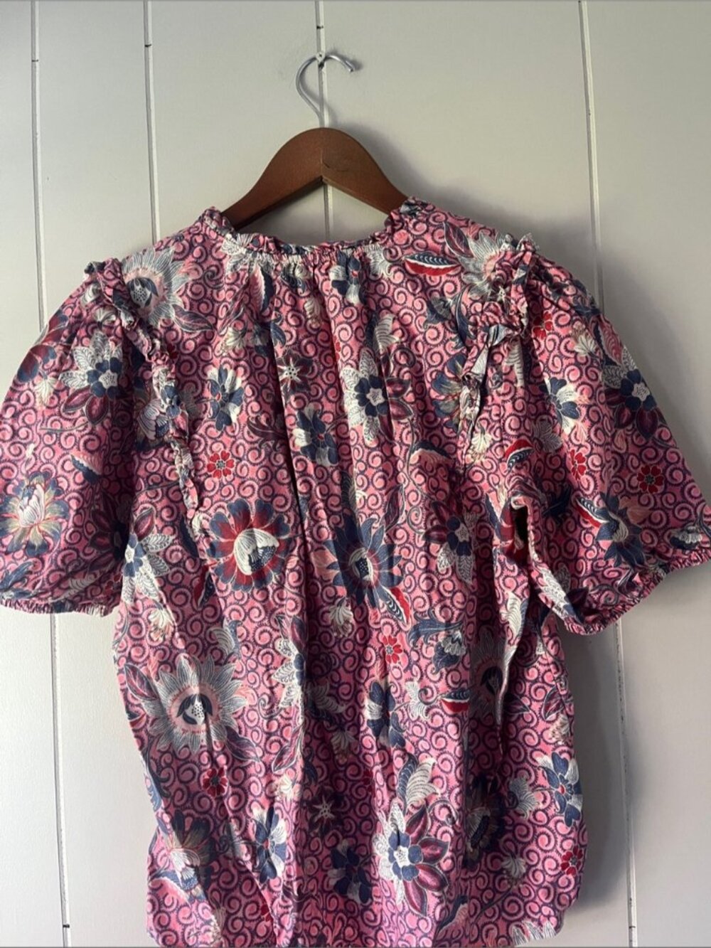 Pink Floral Ruffle-Trim Short Sleeve Blouse - Picture 2 of 2